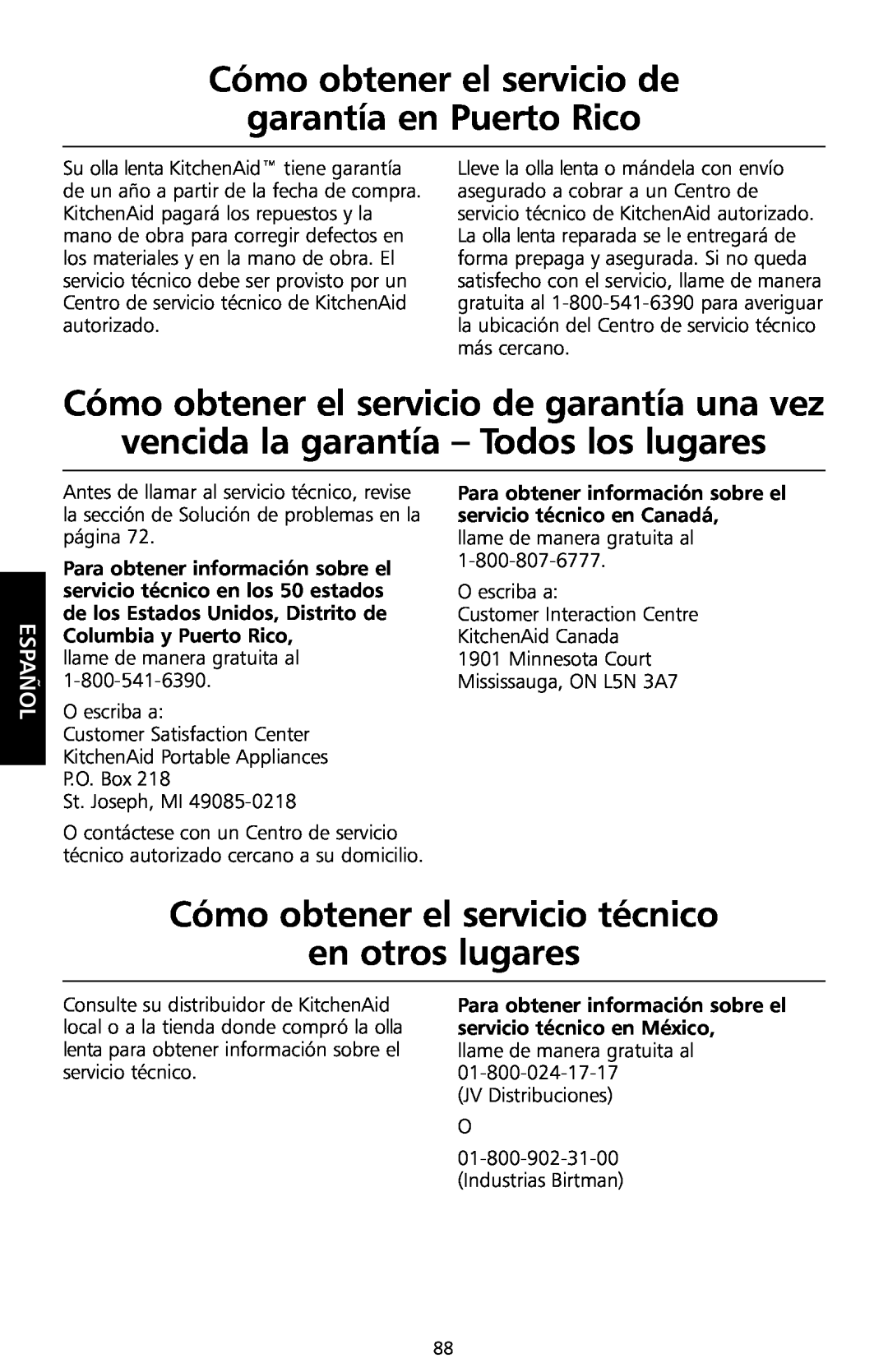KitchenAid KSC700 manual Cómo obtener el servicio de garantía en Puerto Rico, Cómo obtener el servicio de garantía una vez 