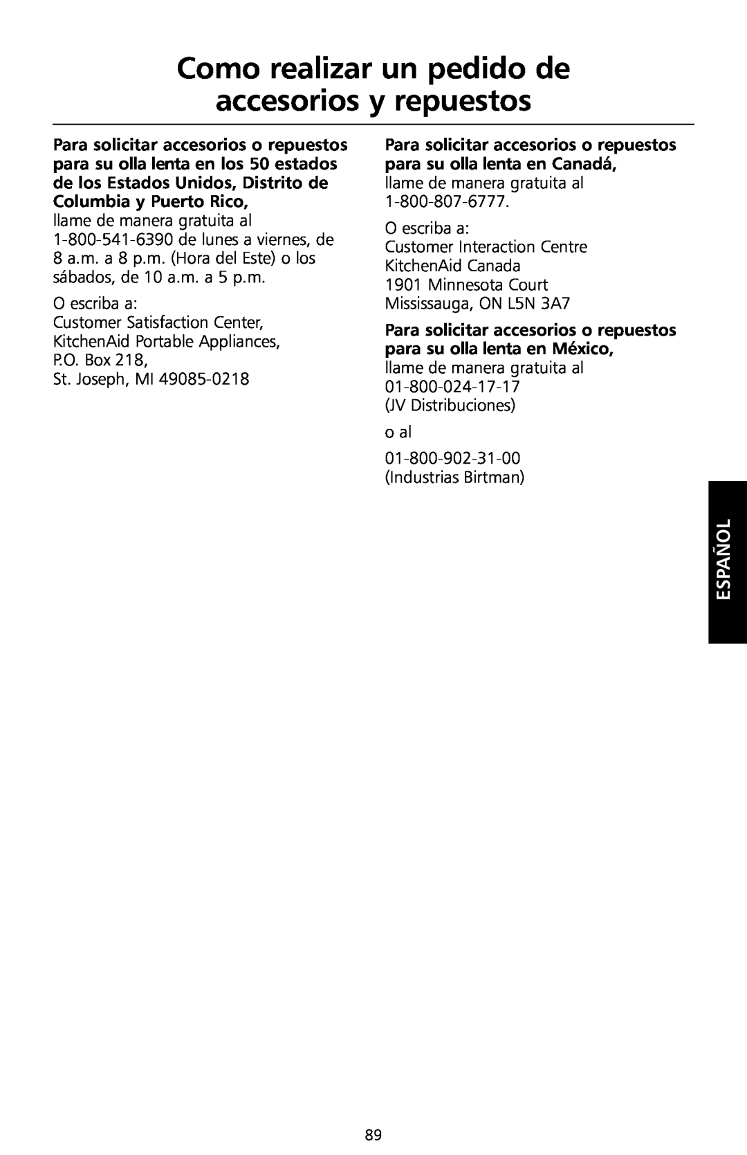 KitchenAid KSC700 manual Como realizar un pedido de accesorios y repuestos, Español 