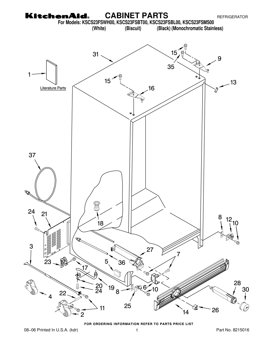 KitchenAid KSCS23FSMS00, KSCS23FSWH00, KSCS23FSBT00, KSCS23FSBL00 manual Cabinet Parts 