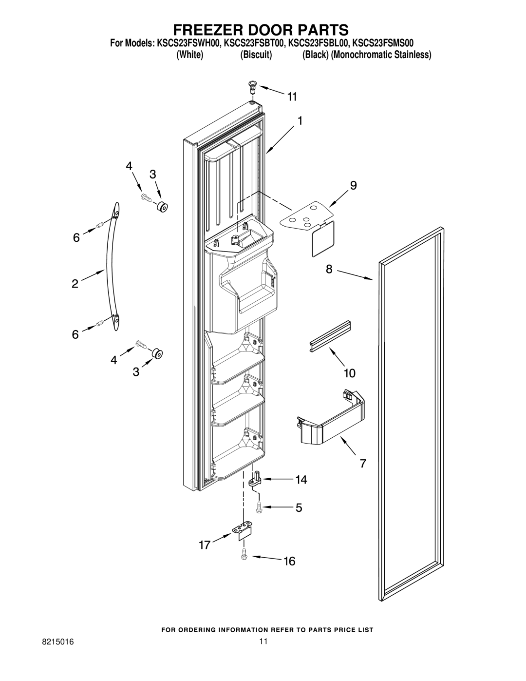 KitchenAid KSCS23FSBL00, KSCS23FSWH00, KSCS23FSMS00, KSCS23FSBT00 manual Freezer Door Parts 