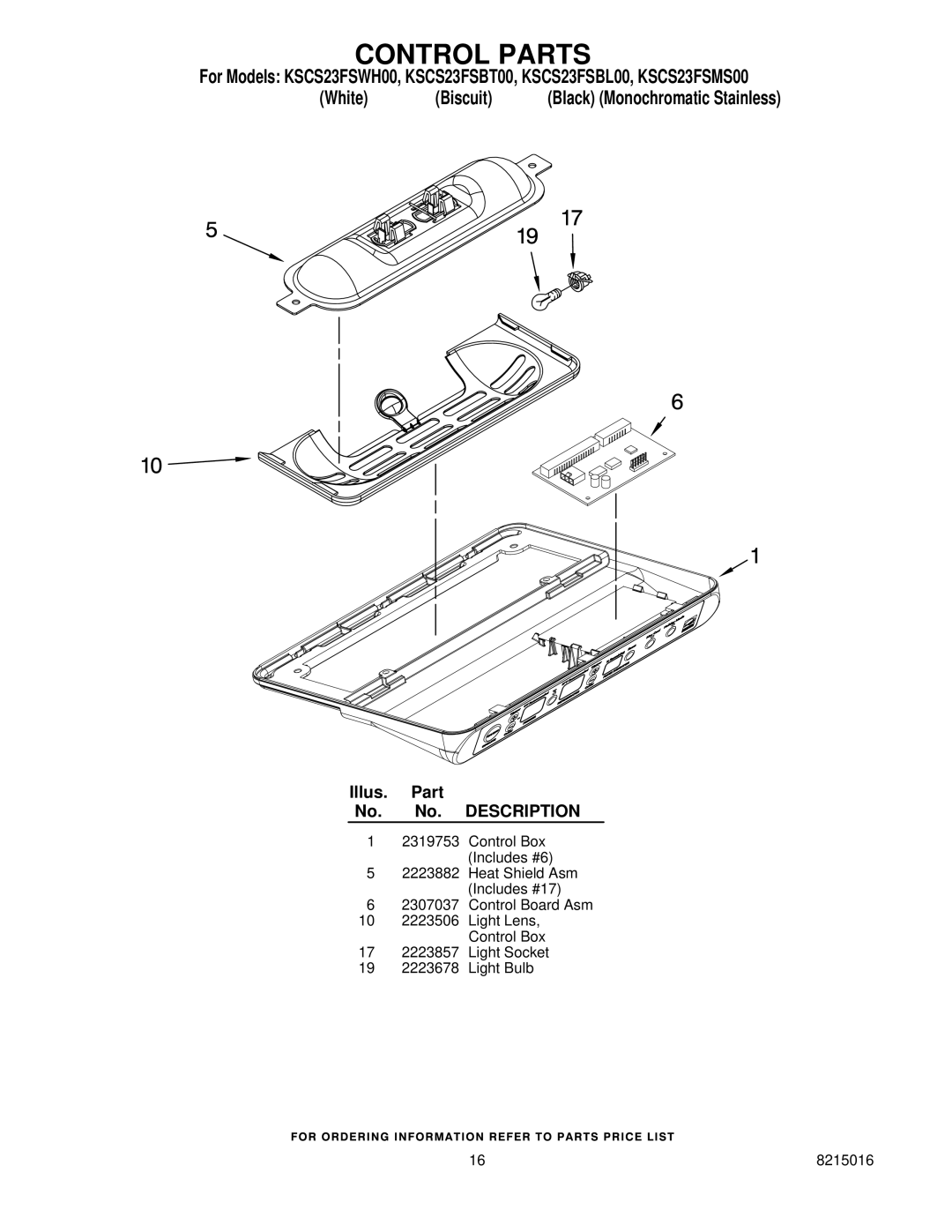 KitchenAid KSCS23FSWH00, KSCS23FSMS00, KSCS23FSBT00, KSCS23FSBL00 manual Control Parts 