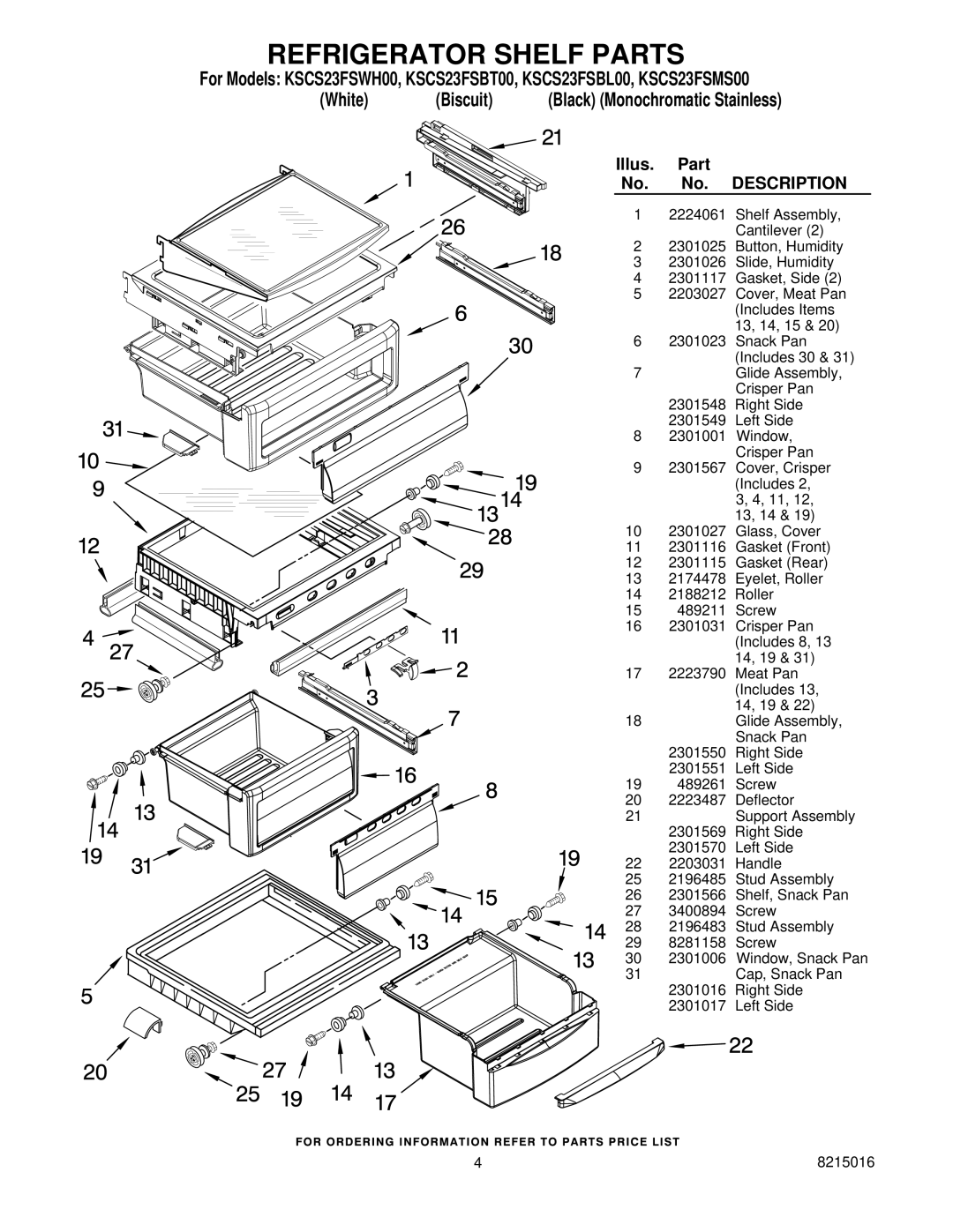 KitchenAid KSCS23FSWH00, KSCS23FSMS00, KSCS23FSBT00, KSCS23FSBL00 manual Refrigerator Shelf Parts 