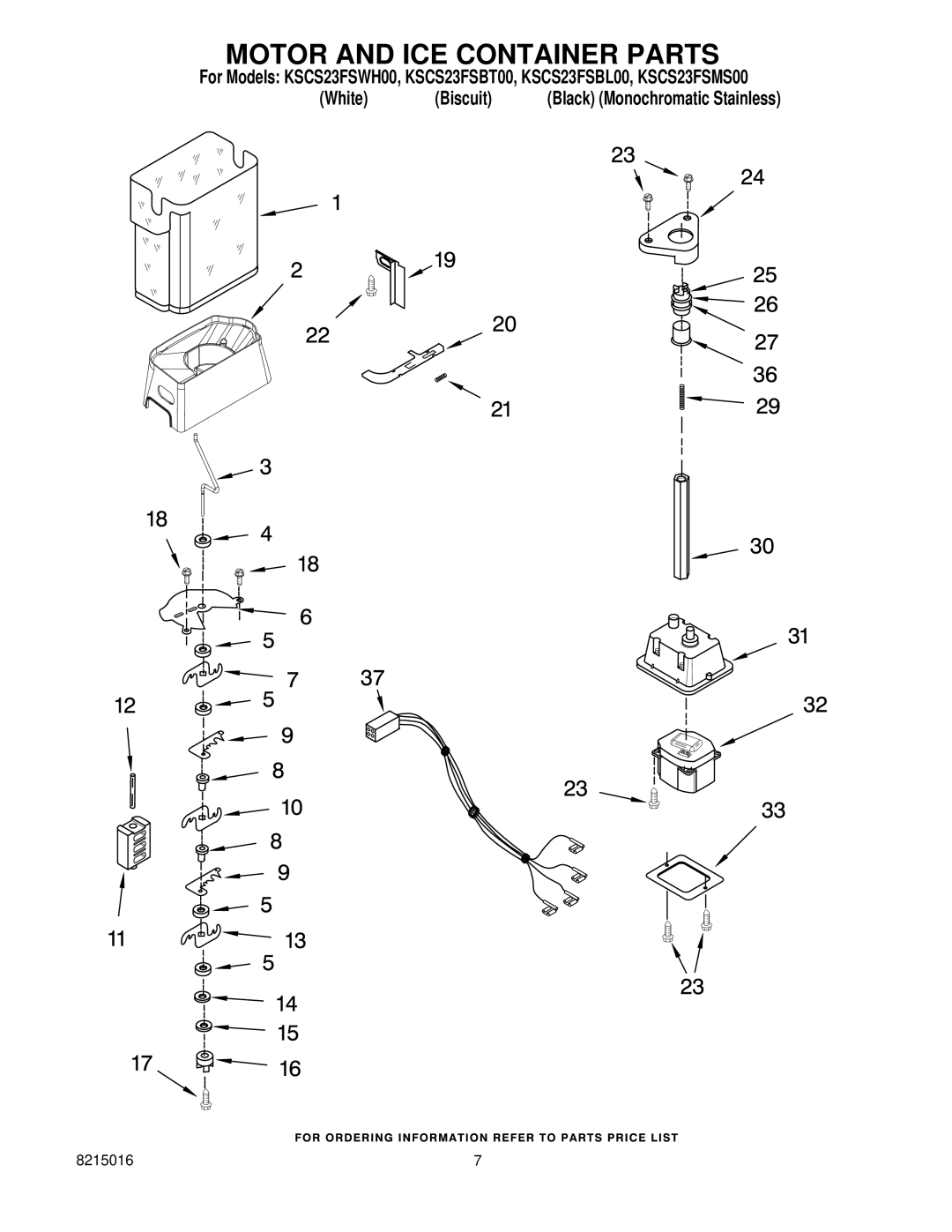 KitchenAid KSCS23FSBL00, KSCS23FSWH00, KSCS23FSMS00, KSCS23FSBT00 manual Motor and ICE Container Parts 