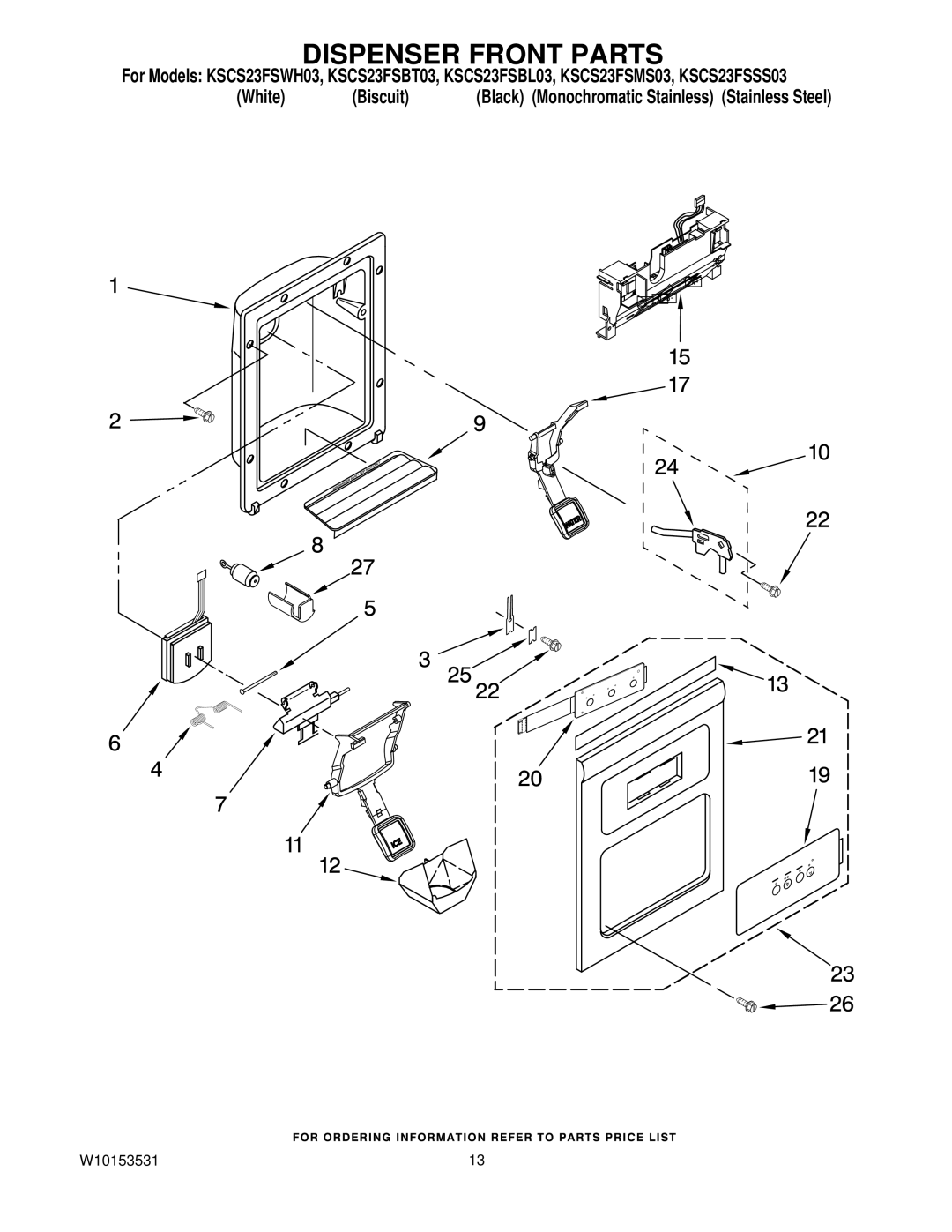 KitchenAid KSCS23FSSS03, KSCS23FSWH03, KSCS23FSMS03, KSCS23FSBT03, KSCS23FSBL03 manual Dispenser Front Parts 