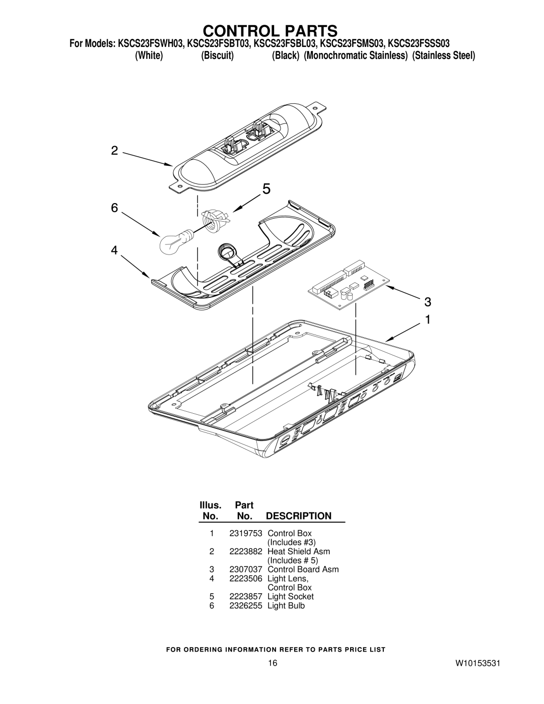 KitchenAid KSCS23FSMS03, KSCS23FSWH03, KSCS23FSBT03, KSCS23FSSS03, KSCS23FSBL03 manual Control Parts 