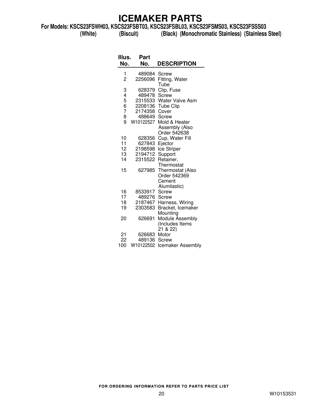 KitchenAid KSCS23FSWH03, KSCS23FSMS03, KSCS23FSBT03, KSCS23FSSS03, KSCS23FSBL03 manual Illus. Part 