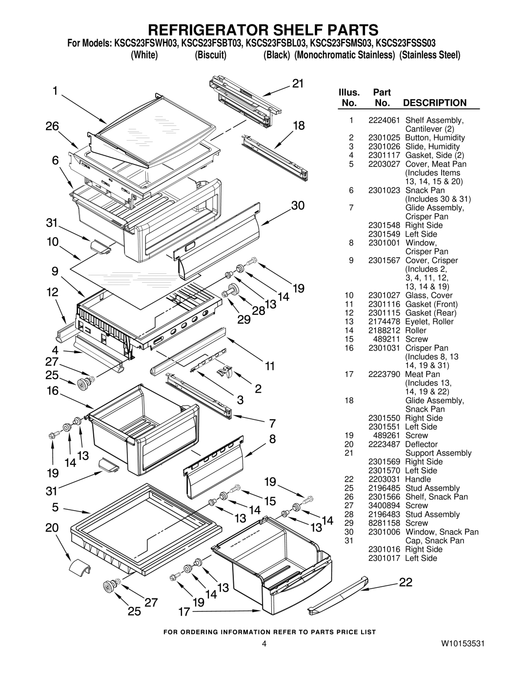 KitchenAid KSCS23FSBL03, KSCS23FSWH03, KSCS23FSMS03, KSCS23FSBT03, KSCS23FSSS03 manual Refrigerator Shelf Parts 