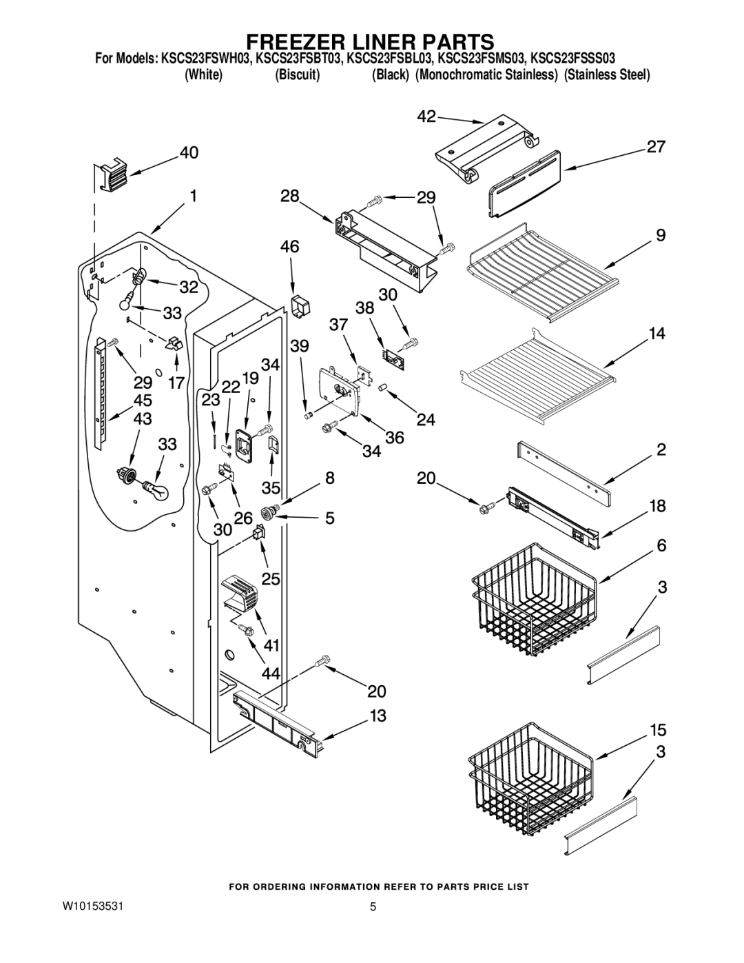 KitchenAid KSCS23FSWH03, KSCS23FSMS03, KSCS23FSBT03, KSCS23FSSS03, KSCS23FSBL03 manual Freezer Liner Parts 