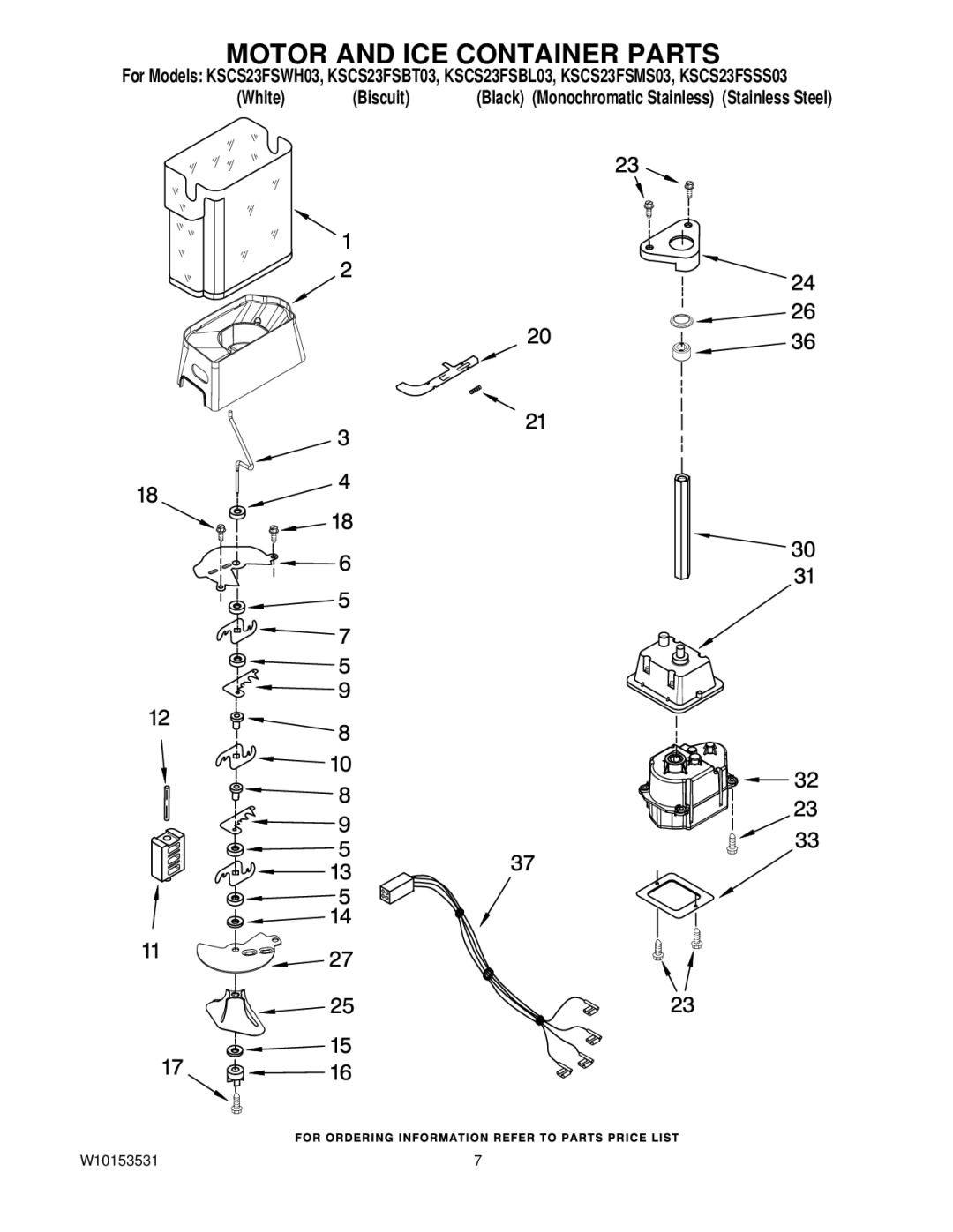 KitchenAid KSCS23FSBT03, KSCS23FSWH03, KSCS23FSMS03, KSCS23FSSS03, KSCS23FSBL03 manual Motor and ICE Container Parts 