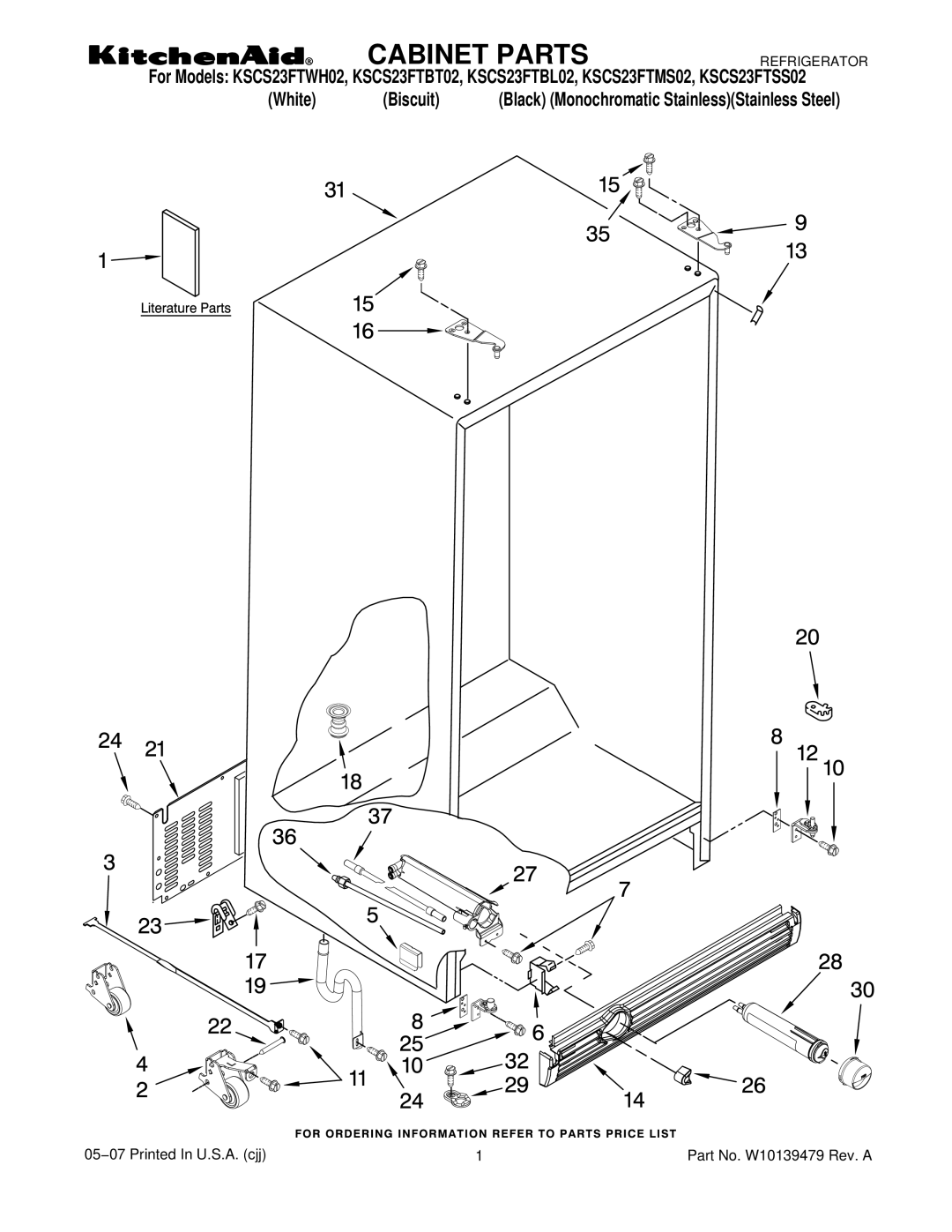 KitchenAid KSCS23FTBT02, KSCS23FTSS02, KSCS23FTMS02, KSCS23FTWH02, KSCS23FTBL02 manual Cabinet Parts 