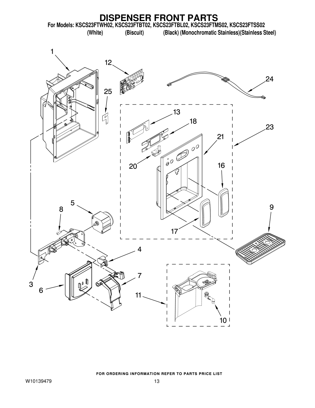 KitchenAid KSCS23FTWH02, KSCS23FTSS02, KSCS23FTBT02, KSCS23FTMS02, KSCS23FTBL02 manual Dispenser Front Parts 