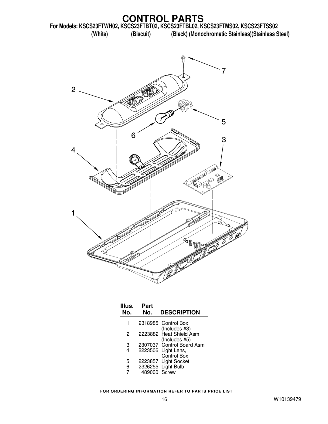 KitchenAid KSCS23FTBT02, KSCS23FTSS02, KSCS23FTMS02, KSCS23FTWH02, KSCS23FTBL02 manual Control Parts 