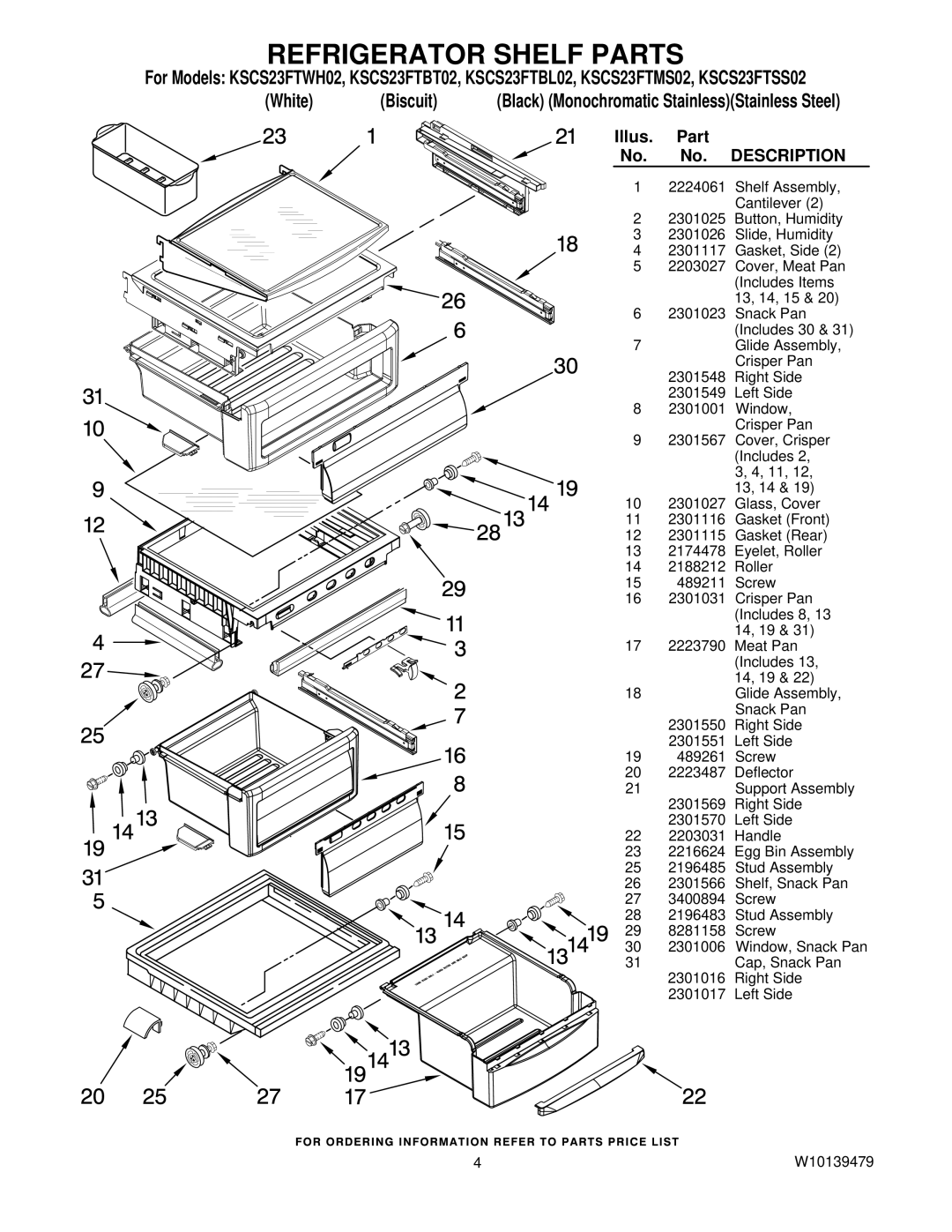 KitchenAid KSCS23FTBL02, KSCS23FTSS02, KSCS23FTBT02, KSCS23FTMS02, KSCS23FTWH02 manual Refrigerator Shelf Parts 