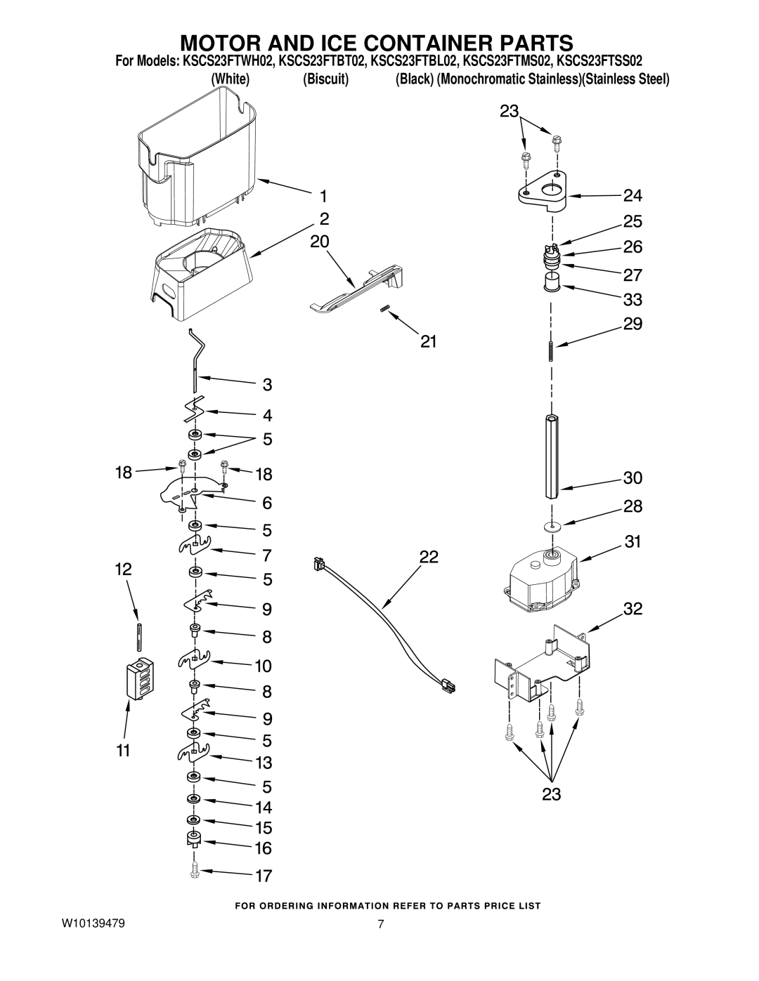 KitchenAid KSCS23FTMS02, KSCS23FTSS02, KSCS23FTBT02, KSCS23FTWH02, KSCS23FTBL02 manual Motor and ICE Container Parts 