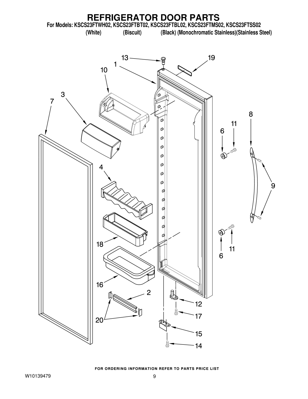 KitchenAid KSCS23FTBL02, KSCS23FTSS02, KSCS23FTBT02, KSCS23FTMS02, KSCS23FTWH02 manual Refrigerator Door Parts 