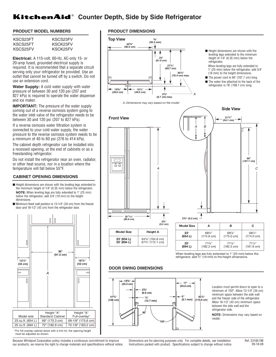 KitchenAid KSCK25FV dimensions Product Model Numbers Product Dimensions, Cabinet Opening Dimensions, Door Swing Dimensions 