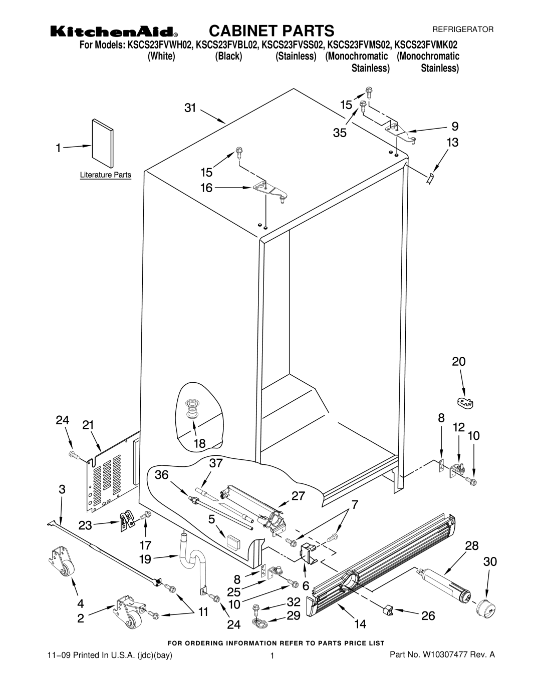 KitchenAid KSCS23FVMS02, KSCS23FVBL02, KSCS23FVMK02, KSCS23FVWH02, KSCS23FVSS02 manual Cabinet Parts 