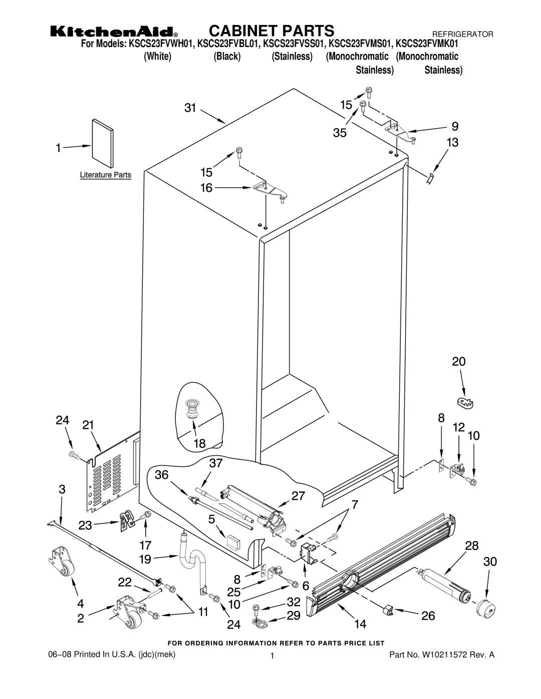 KitchenAid KSCS23FVMS01, KSCS23FVSS01, KSCS23FVBL01, KSCS23FVMK01, KSCS23FVWH01 manual Cabinet Parts 