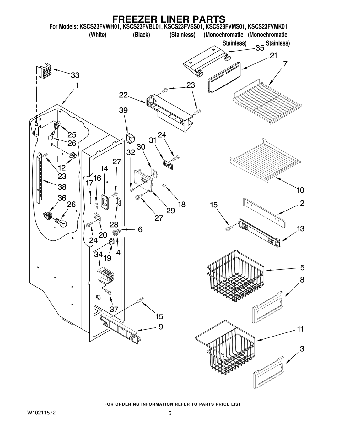 KitchenAid KSCS23FVSS01, KSCS23FVMS01, KSCS23FVBL01, KSCS23FVMK01, KSCS23FVWH01 manual Freezer Liner Parts 