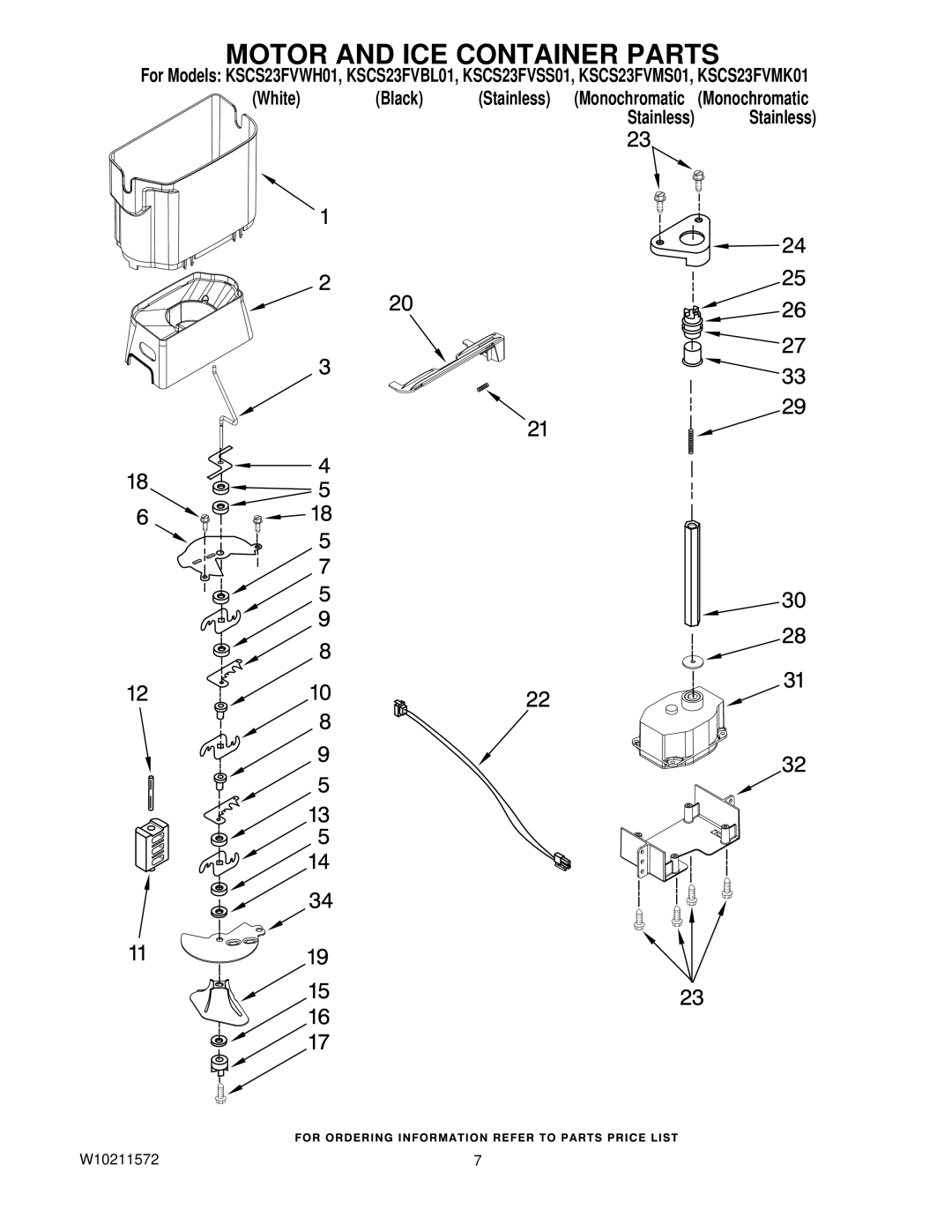 KitchenAid KSCS23FVBL01, KSCS23FVSS01, KSCS23FVMS01, KSCS23FVMK01, KSCS23FVWH01 manual Motor and ICE Container Parts 