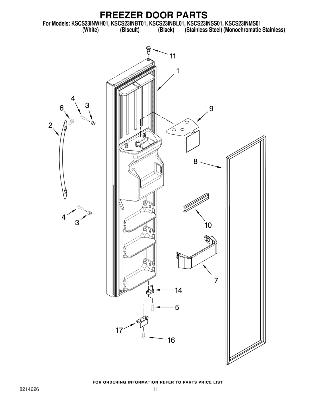 KitchenAid KSCS23INBL01, KSCS23INMS01, KSCS23INWH01, KSCS23INSS01, KSCS23INBT01 manual Freezer Door Parts 