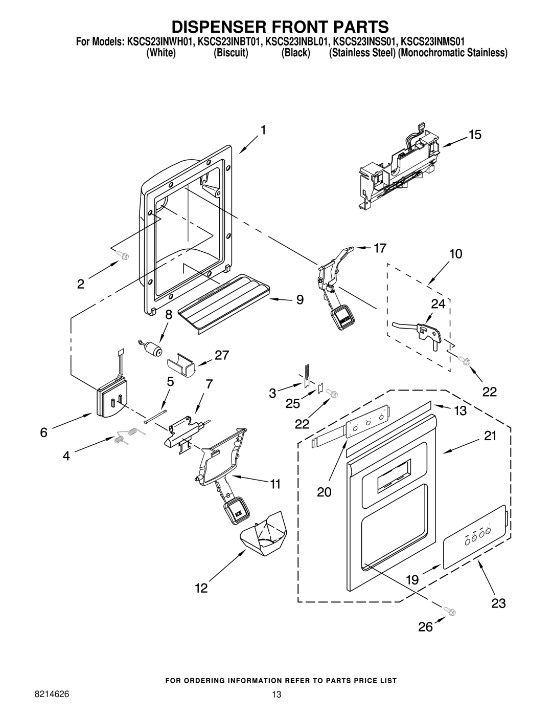 KitchenAid KSCS23INSS01, KSCS23INMS01, KSCS23INBL01, KSCS23INWH01, KSCS23INBT01 manual Dispenser Front Parts 