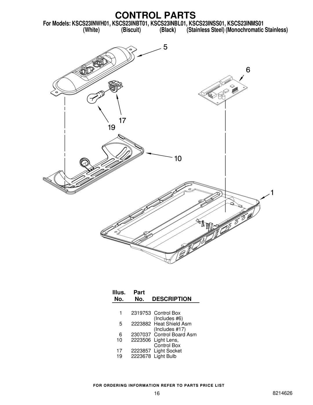 KitchenAid KSCS23INBL01, KSCS23INMS01, KSCS23INWH01, KSCS23INSS01, KSCS23INBT01 manual Control Parts 