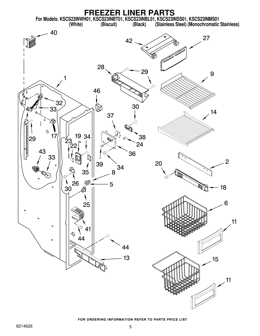 KitchenAid KSCS23INMS01, KSCS23INBL01, KSCS23INWH01, KSCS23INSS01, KSCS23INBT01 manual Freezer Liner Parts 