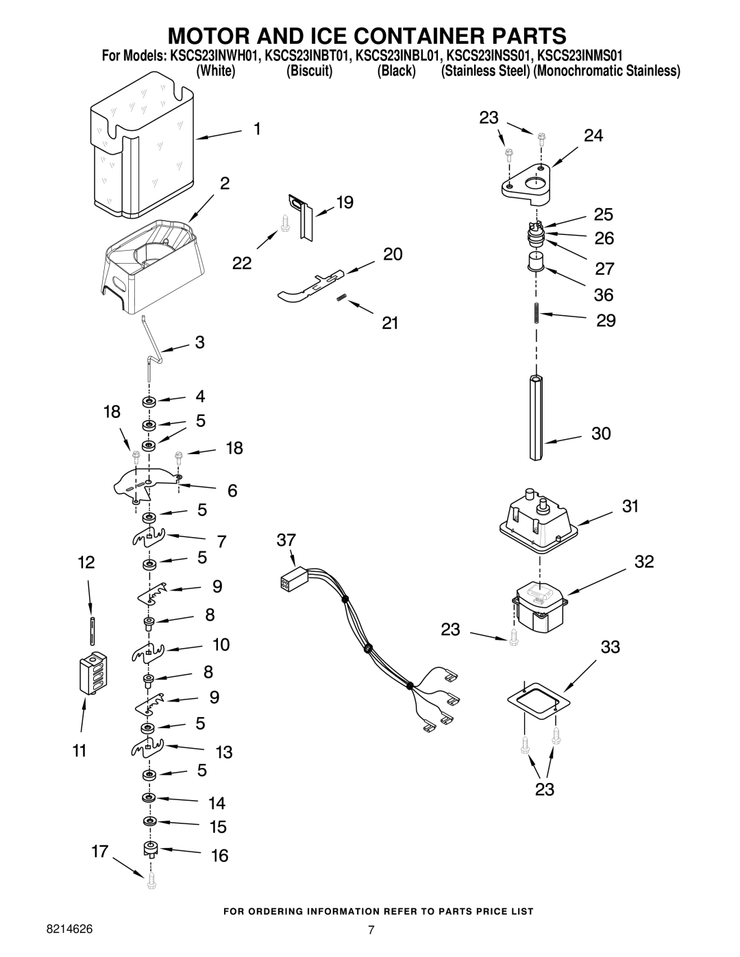 KitchenAid KSCS23INWH01, KSCS23INMS01, KSCS23INBL01, KSCS23INSS01, KSCS23INBT01 manual Motor and ICE Container Parts 