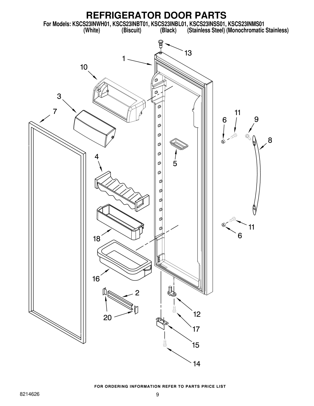 KitchenAid KSCS23INBT01, KSCS23INMS01, KSCS23INBL01, KSCS23INWH01, KSCS23INSS01 manual Refrigerator Door Parts 