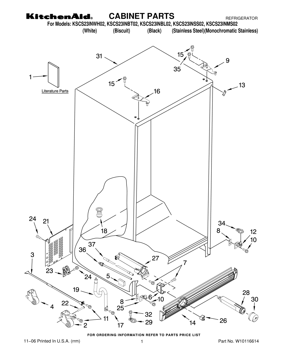 KitchenAid KSCS23INBL02, KSCS23INMS02, KSCS23INBT02, KSCS23INSS02, KSCS23INWH02 manual Cabinet Parts 