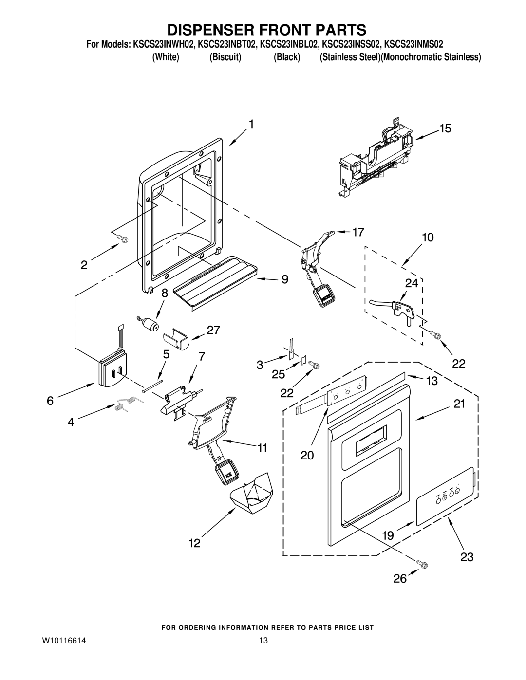 KitchenAid KSCS23INSS02, KSCS23INMS02, KSCS23INBL02, KSCS23INBT02, KSCS23INWH02 manual Dispenser Front Parts 