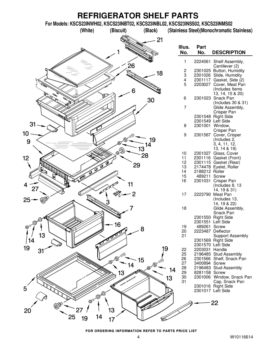 KitchenAid KSCS23INWH02, KSCS23INMS02, KSCS23INBL02, KSCS23INBT02, KSCS23INSS02 manual Refrigerator Shelf Parts 