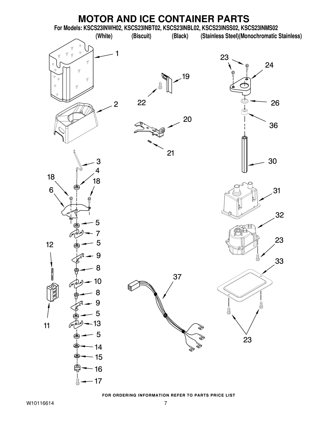 KitchenAid KSCS23INBT02, KSCS23INMS02, KSCS23INBL02, KSCS23INSS02, KSCS23INWH02 manual Motor and ICE Container Parts 