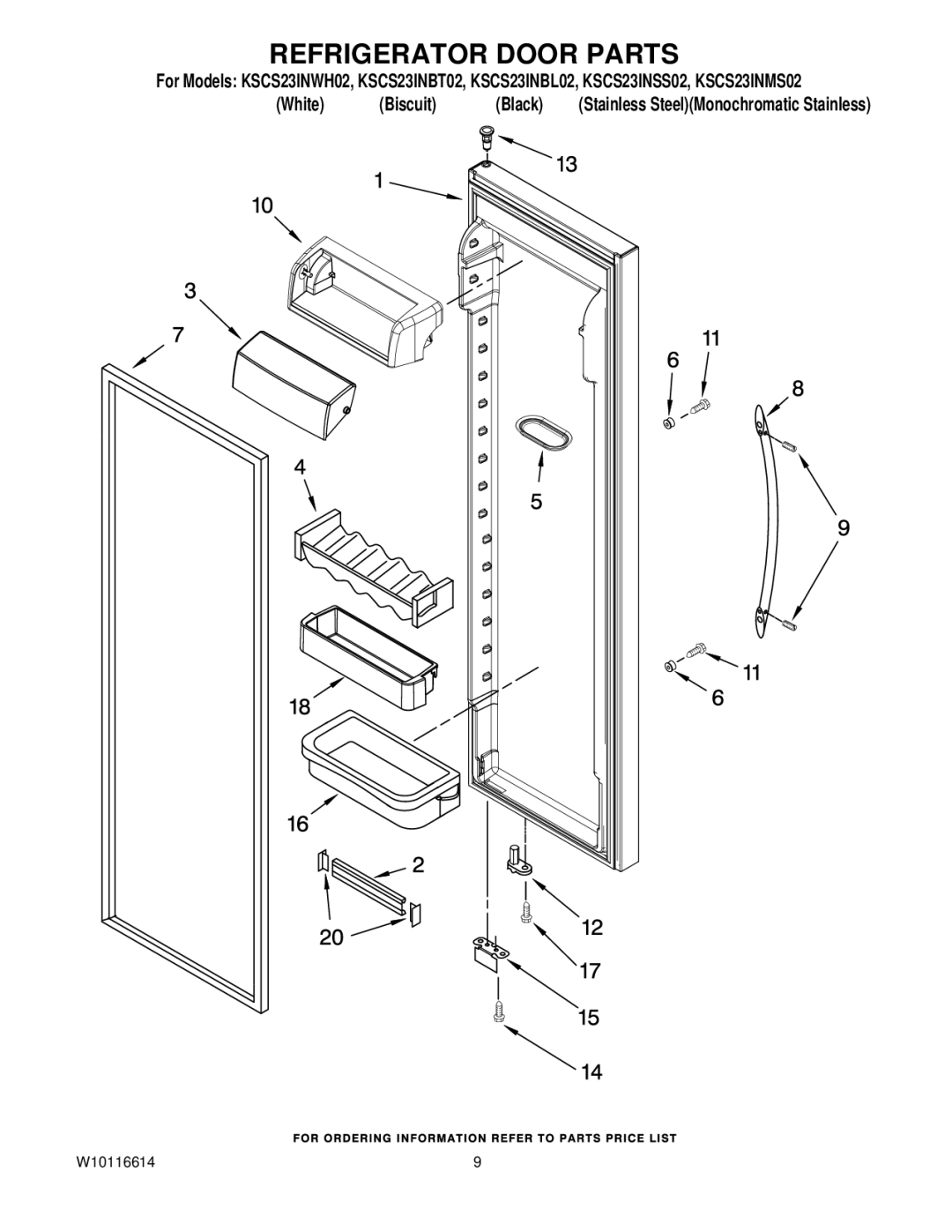 KitchenAid KSCS23INWH02, KSCS23INMS02, KSCS23INBL02, KSCS23INBT02, KSCS23INSS02 manual Refrigerator Door Parts 