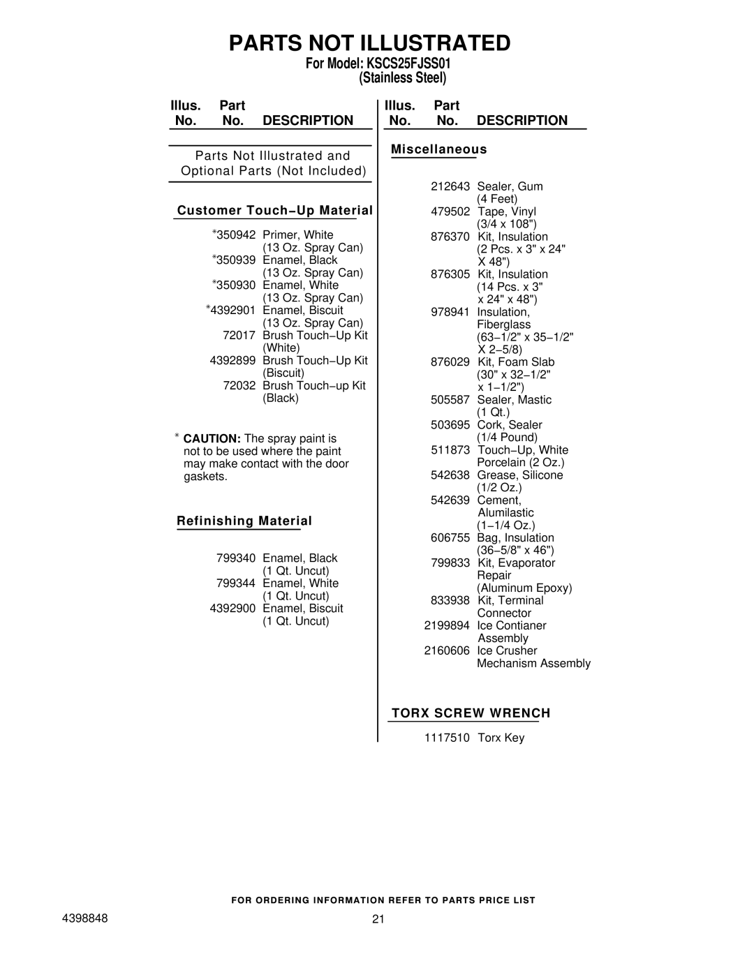 KitchenAid KSCS25FJSS01 manual Parts not Illustrated, Customer Touch−Up Material 