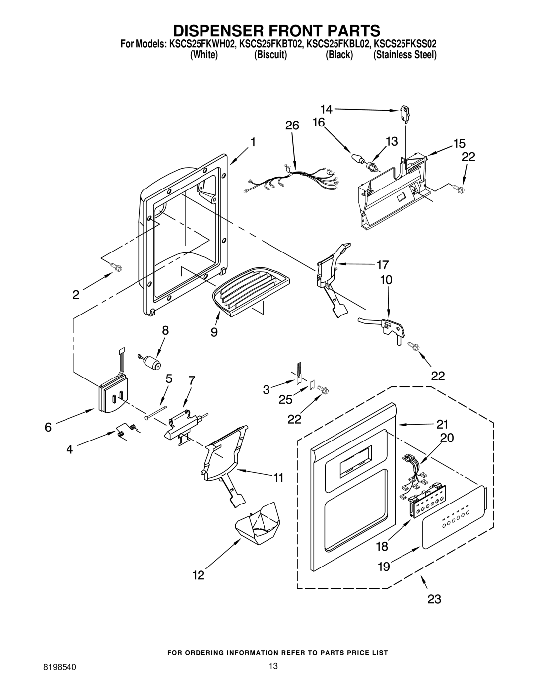 KitchenAid KSCS25FKWH02, kscs25fkss02, KSCS25FKBT02, KSCS25FKBL02 manual Dispenser Front Parts 