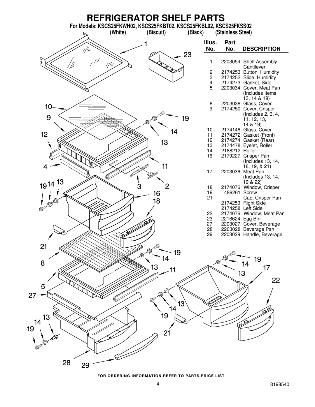 KitchenAid kscs25fkss02, KSCS25FKWH02, KSCS25FKBT02, KSCS25FKBL02 manual Refrigerator Shelf Parts 