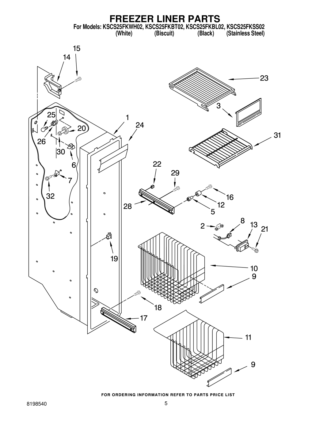 KitchenAid KSCS25FKWH02, kscs25fkss02, KSCS25FKBT02, KSCS25FKBL02 manual Freezer Liner Parts 