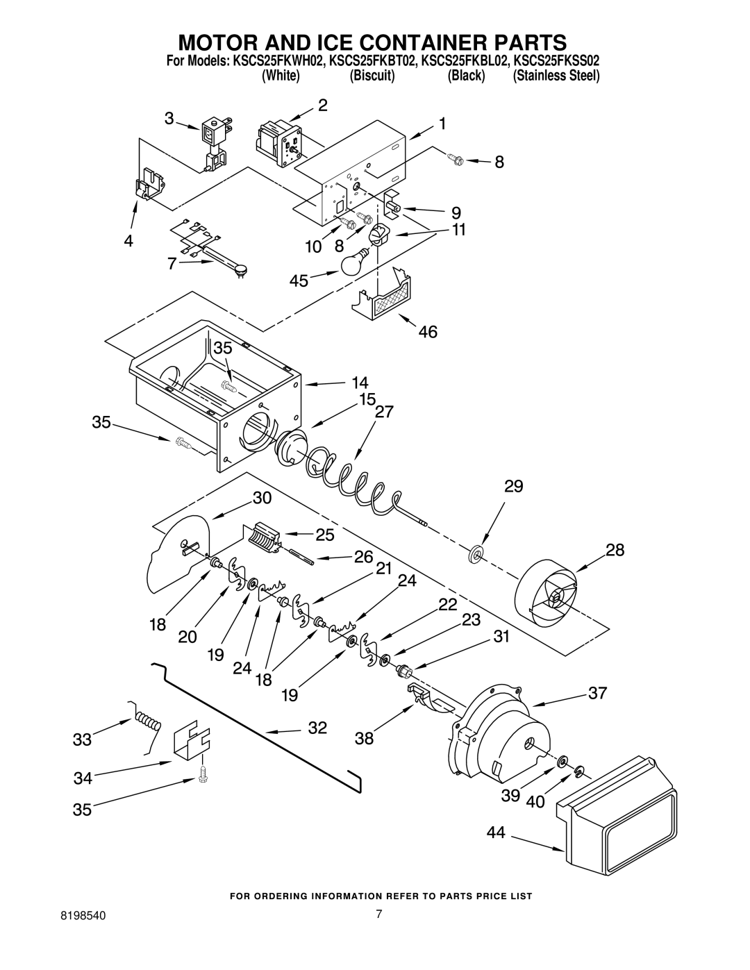 KitchenAid KSCS25FKBL02, kscs25fkss02, KSCS25FKWH02, KSCS25FKBT02 manual Motor and ICE Container Parts 