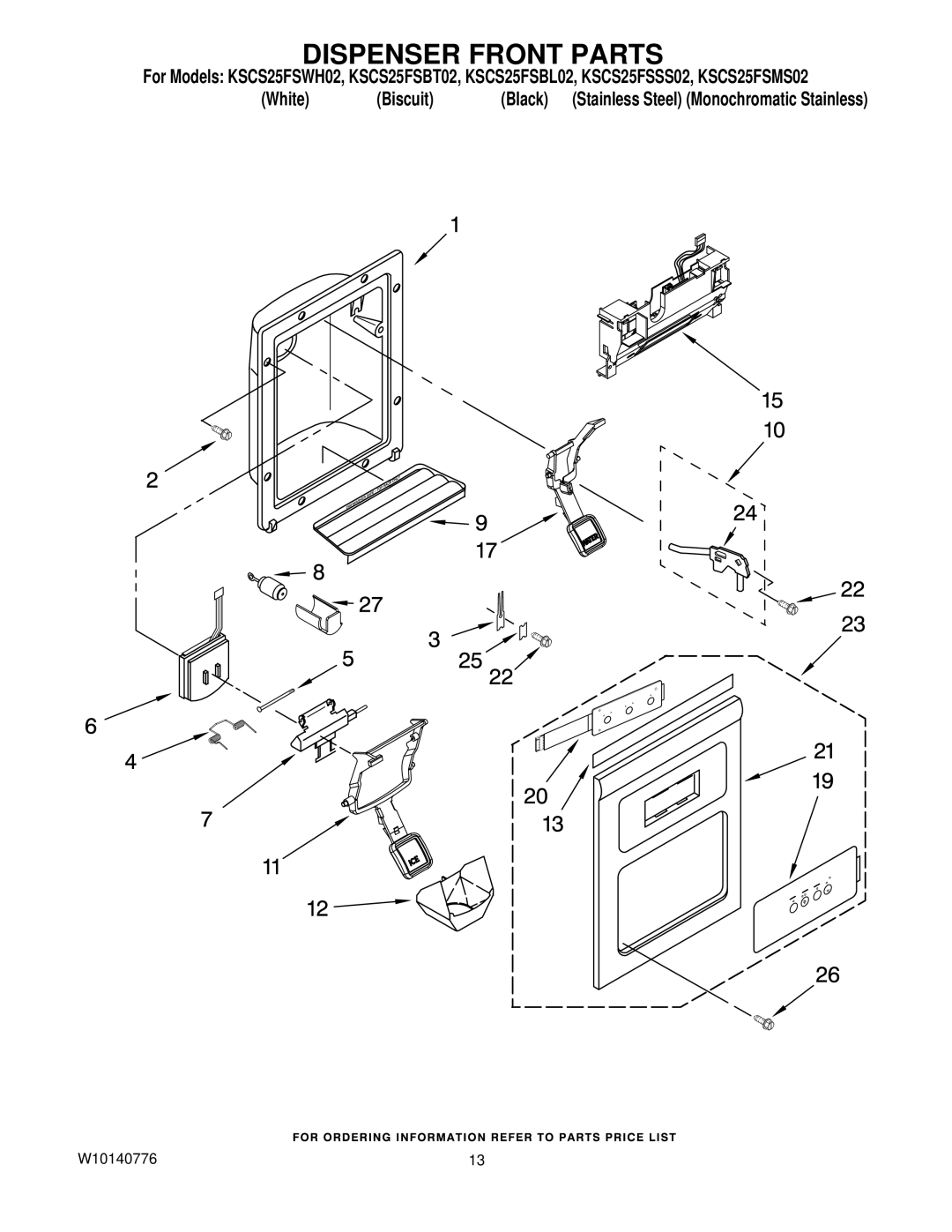 KitchenAid KSCS25FSSS02, KSCS25FSWH02, KSCS25FSBL02, KSCS25FSMS02, KSCS25FSBT02 manual Dispenser Front Parts 