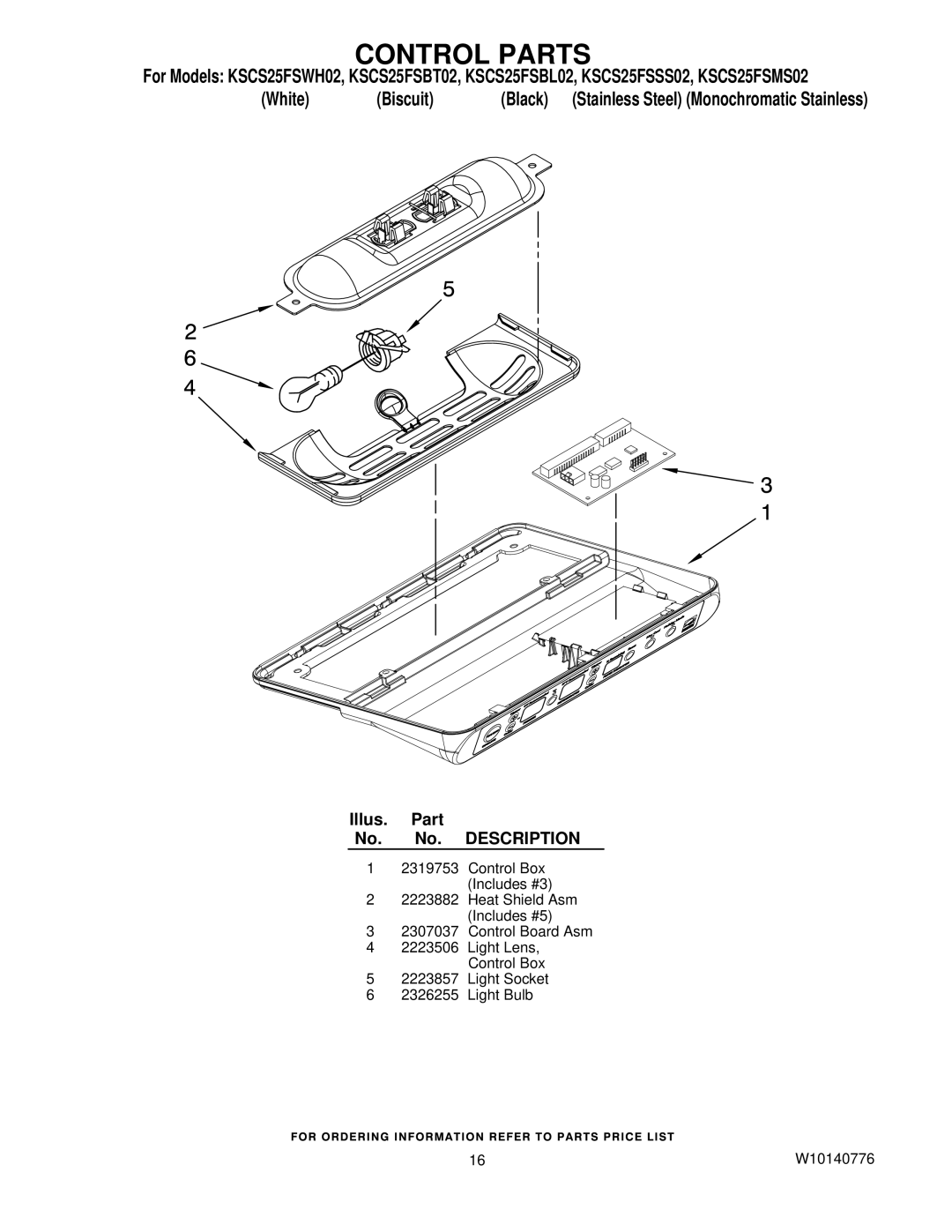 KitchenAid KSCS25FSBL02, KSCS25FSWH02, KSCS25FSMS02, KSCS25FSSS02, KSCS25FSBT02 manual Control Parts 