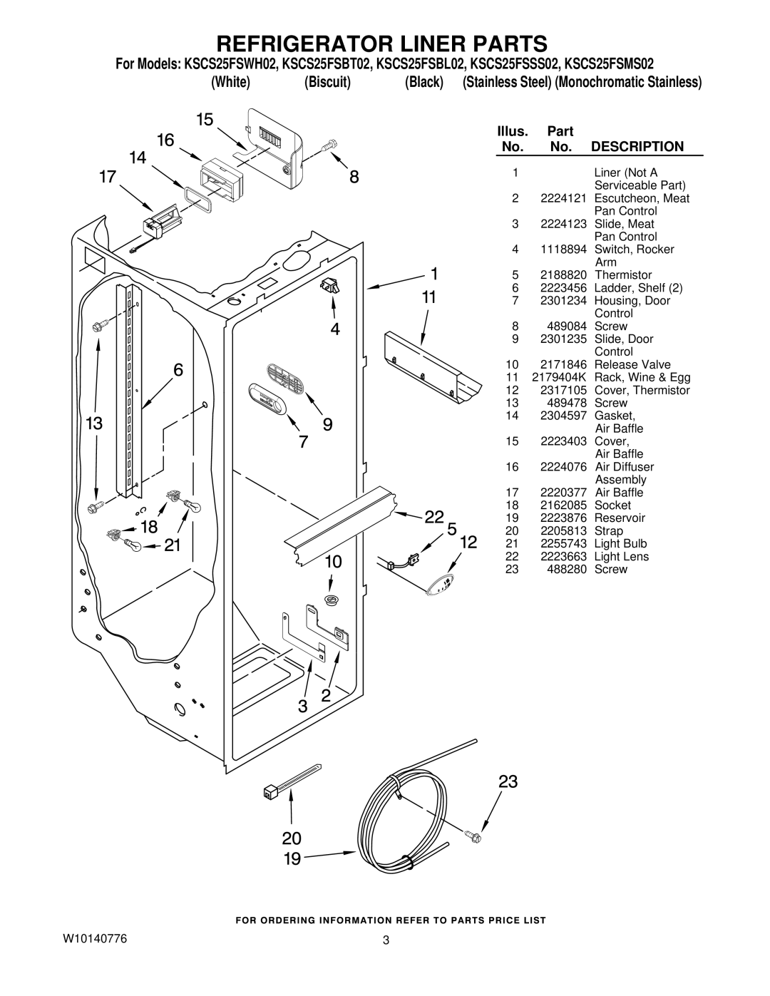 KitchenAid KSCS25FSSS02, KSCS25FSWH02, KSCS25FSBL02, KSCS25FSMS02, KSCS25FSBT02 manual Refrigerator Liner Parts, White Biscuit 