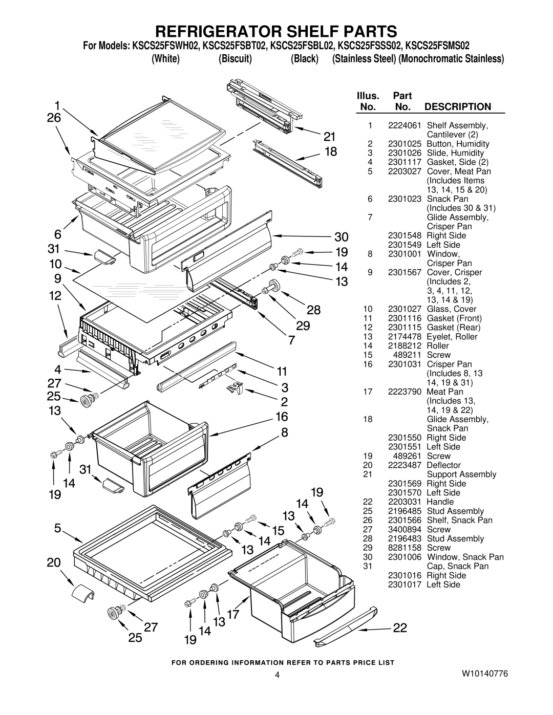 KitchenAid KSCS25FSBT02, KSCS25FSWH02, KSCS25FSBL02, KSCS25FSMS02, KSCS25FSSS02 manual Refrigerator Shelf Parts 