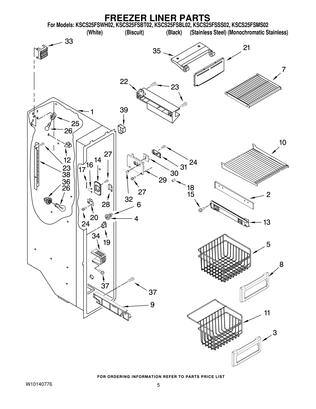 KitchenAid KSCS25FSWH02, KSCS25FSBL02, KSCS25FSMS02, KSCS25FSSS02, KSCS25FSBT02 manual Freezer Liner Parts 