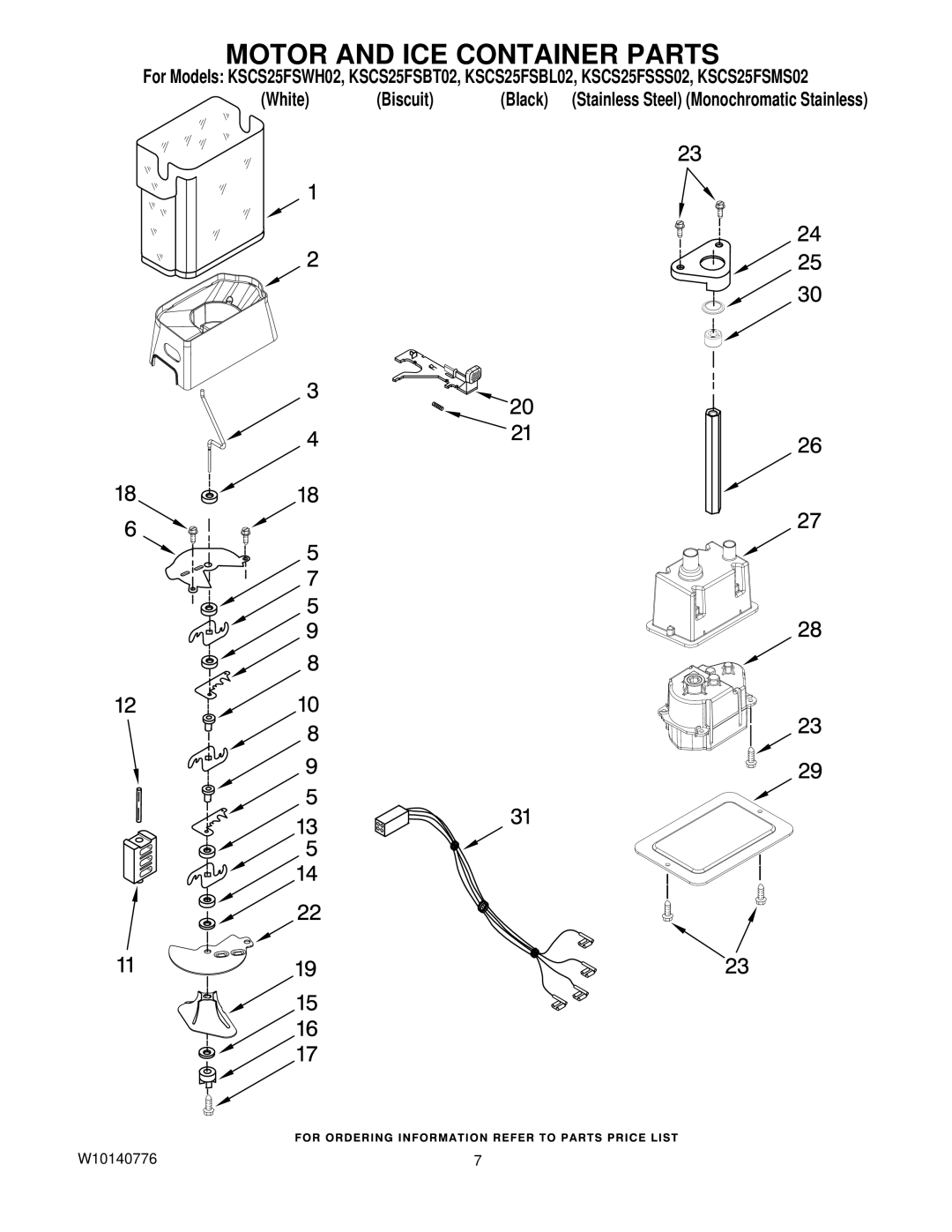 KitchenAid KSCS25FSMS02, KSCS25FSWH02, KSCS25FSBL02, KSCS25FSSS02, KSCS25FSBT02 manual Motor and ICE Container Parts 