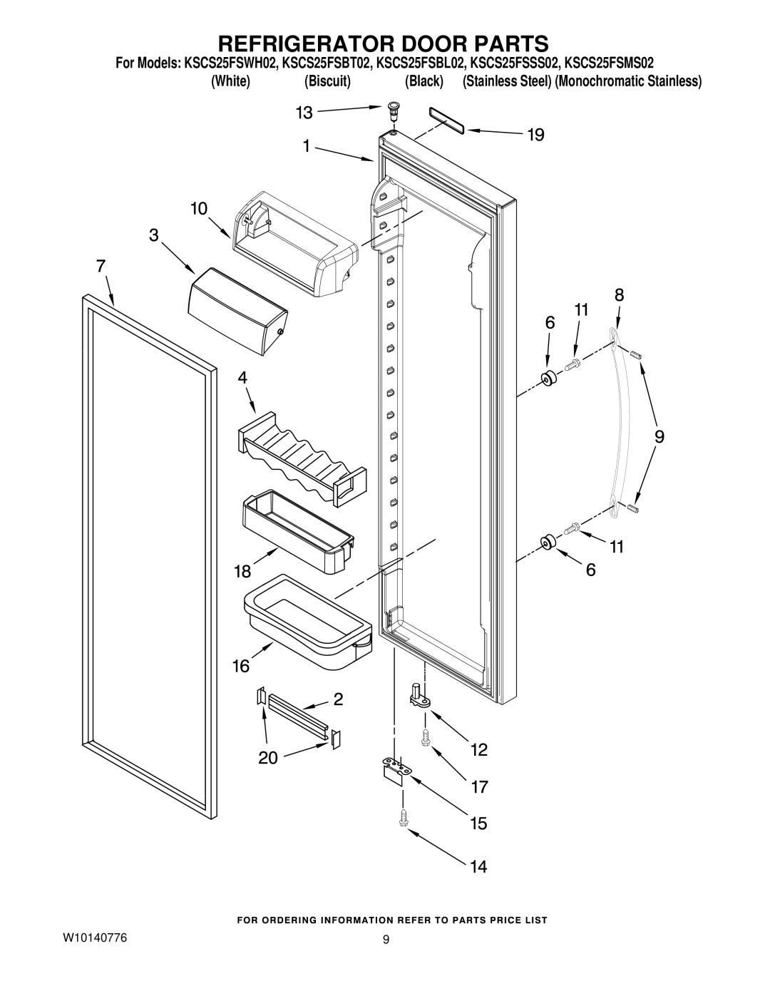 KitchenAid KSCS25FSBT02, KSCS25FSWH02, KSCS25FSBL02, KSCS25FSMS02, KSCS25FSSS02 manual Refrigerator Door Parts 