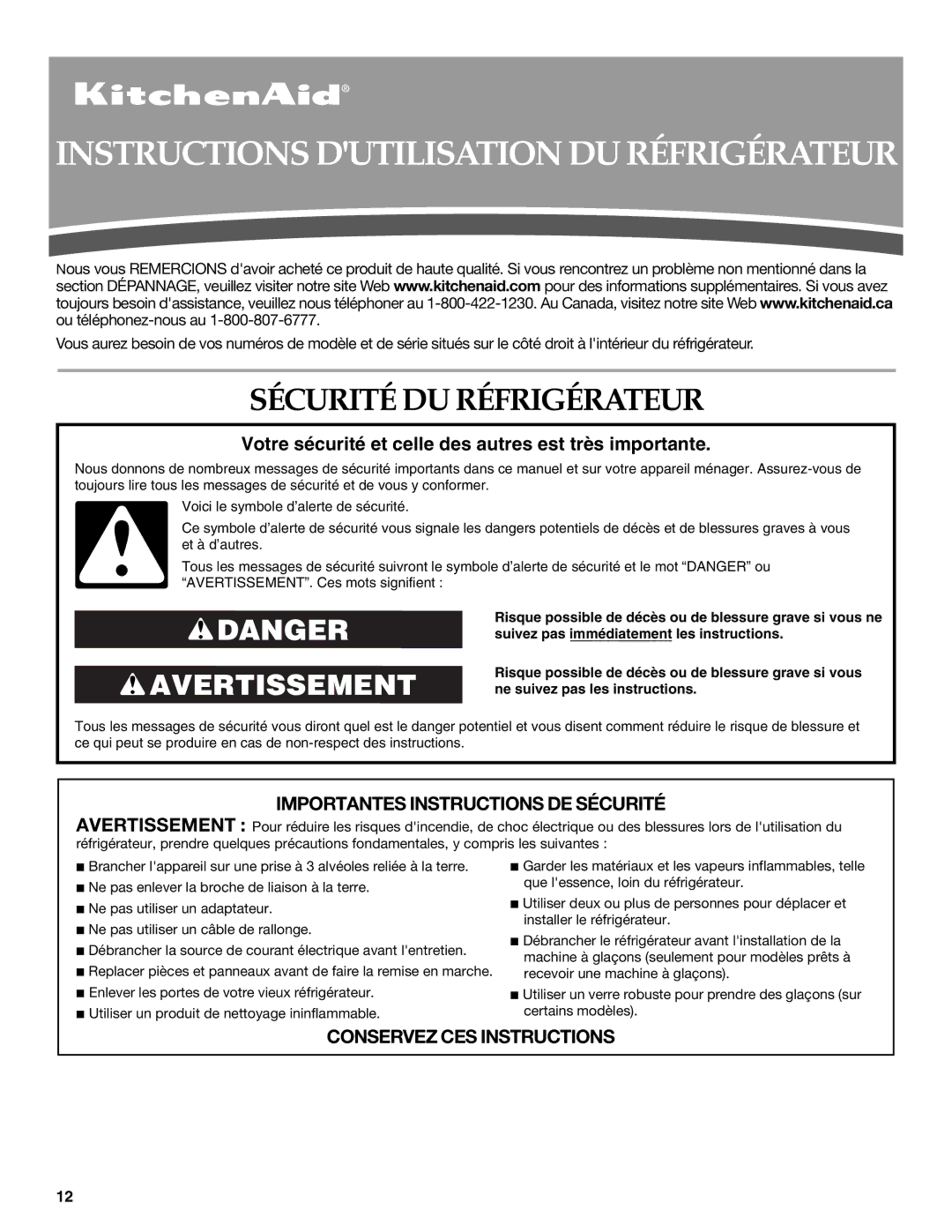 KitchenAid KSCS25FTBL warranty Instructions Dutilisation DU Réfrigérateur, Sécurité DU Réfrigérateur 