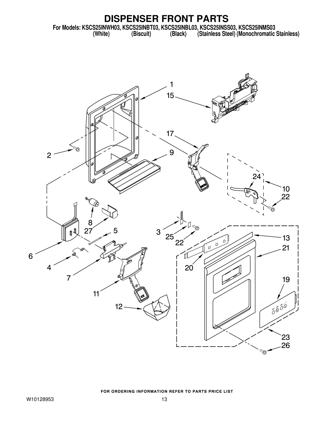 KitchenAid KSCS25INBT03, KSCS25INWH03, KSCS25INSS03, KSCS25INMS03, KSCS25INBL03 manual Dispenser Front Parts 