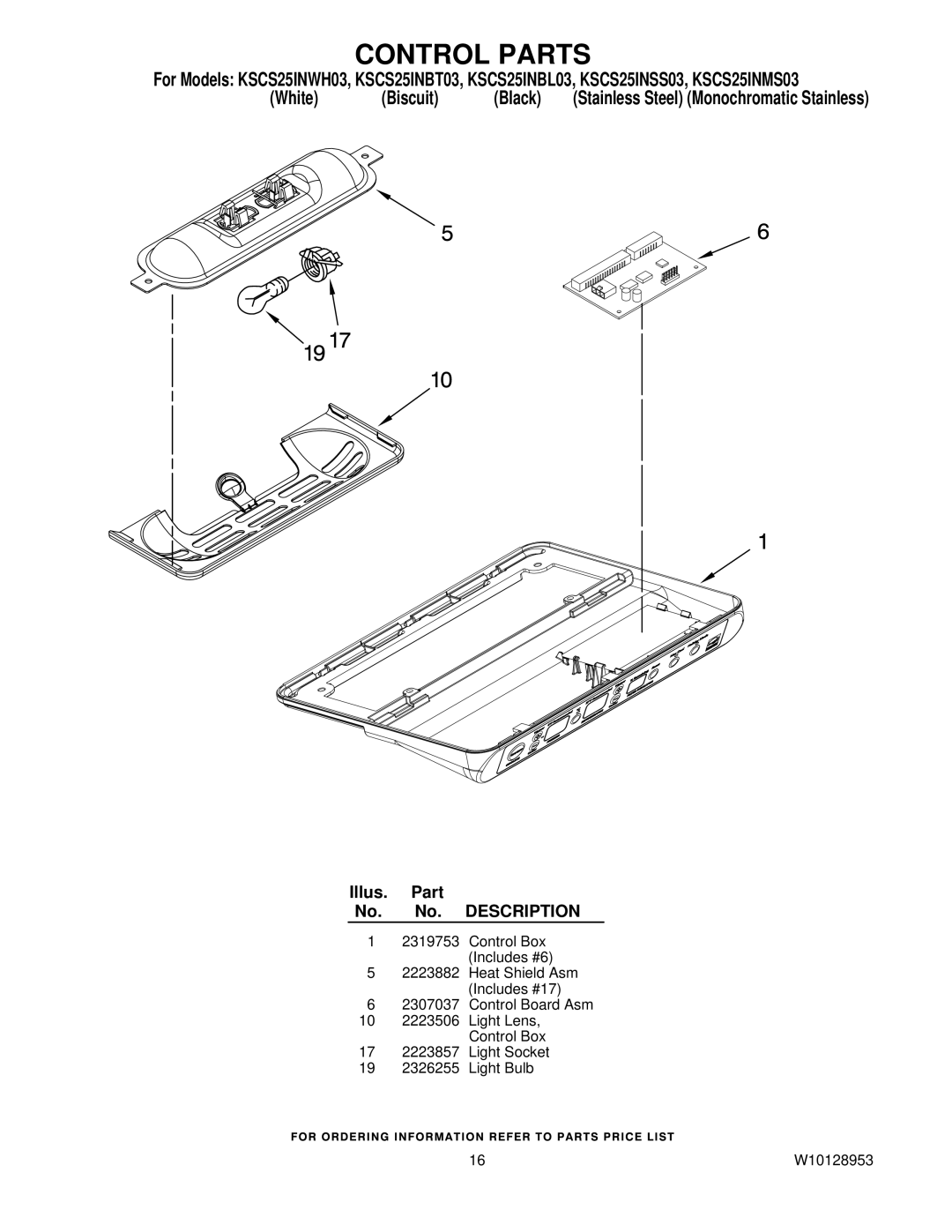 KitchenAid KSCS25INSS03, KSCS25INWH03, KSCS25INMS03, KSCS25INBT03, KSCS25INBL03 manual Control Parts 